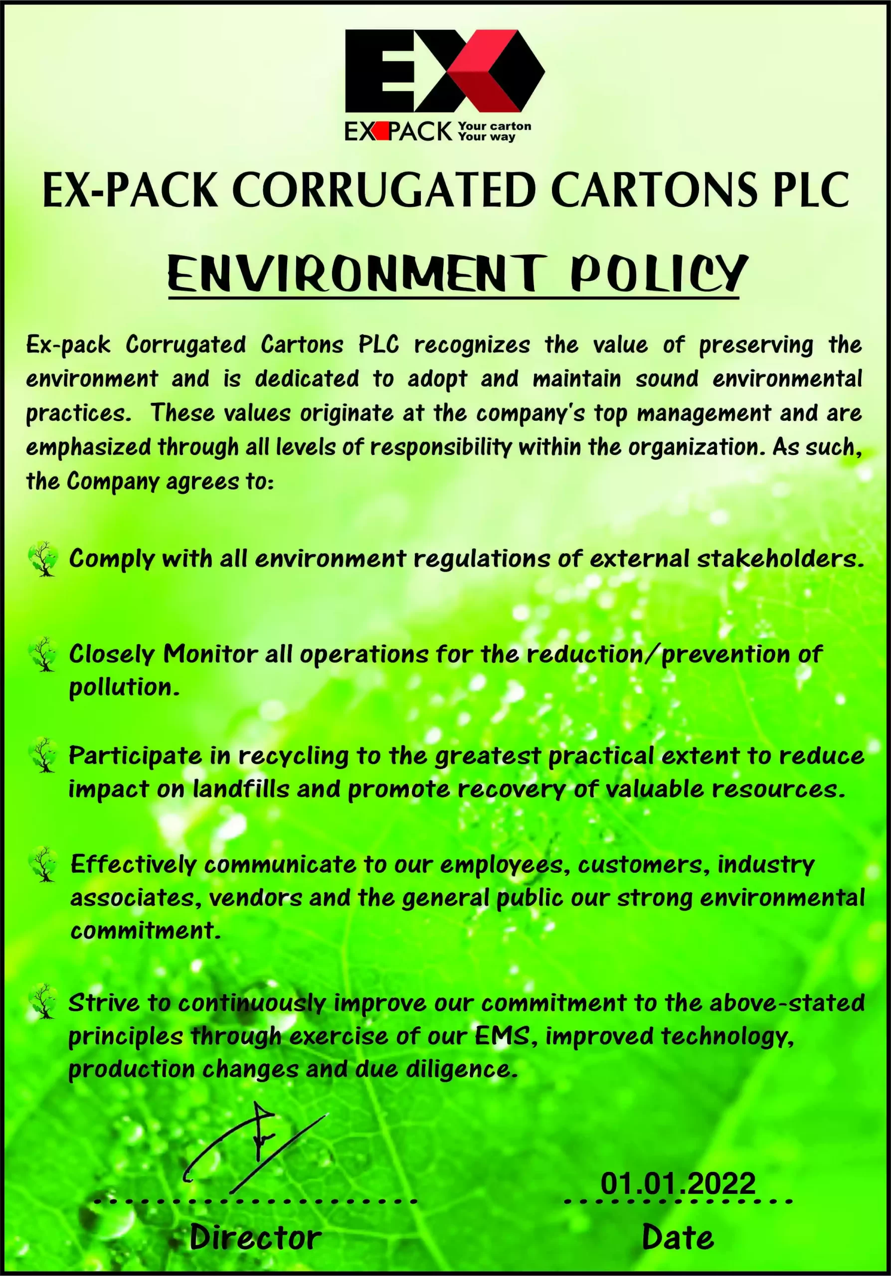 Ex-pack Corrugated Cartons PLC - ENVIRONMENT POLICY