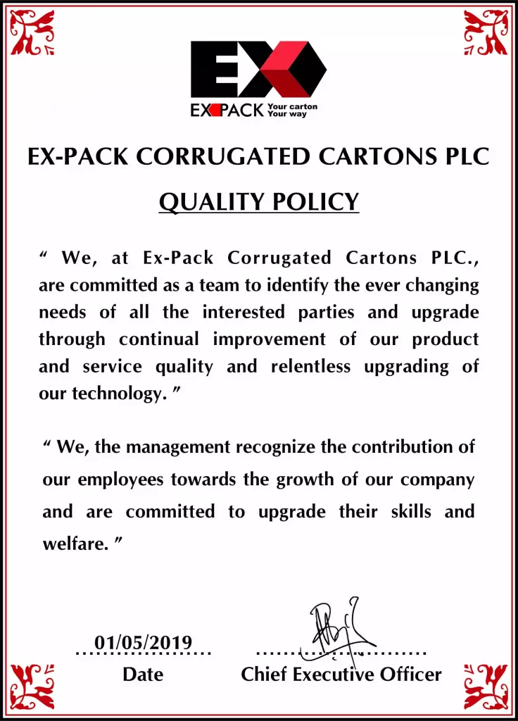 Ex-pack Corrugated Cartons PLC - QUALITY POLICY